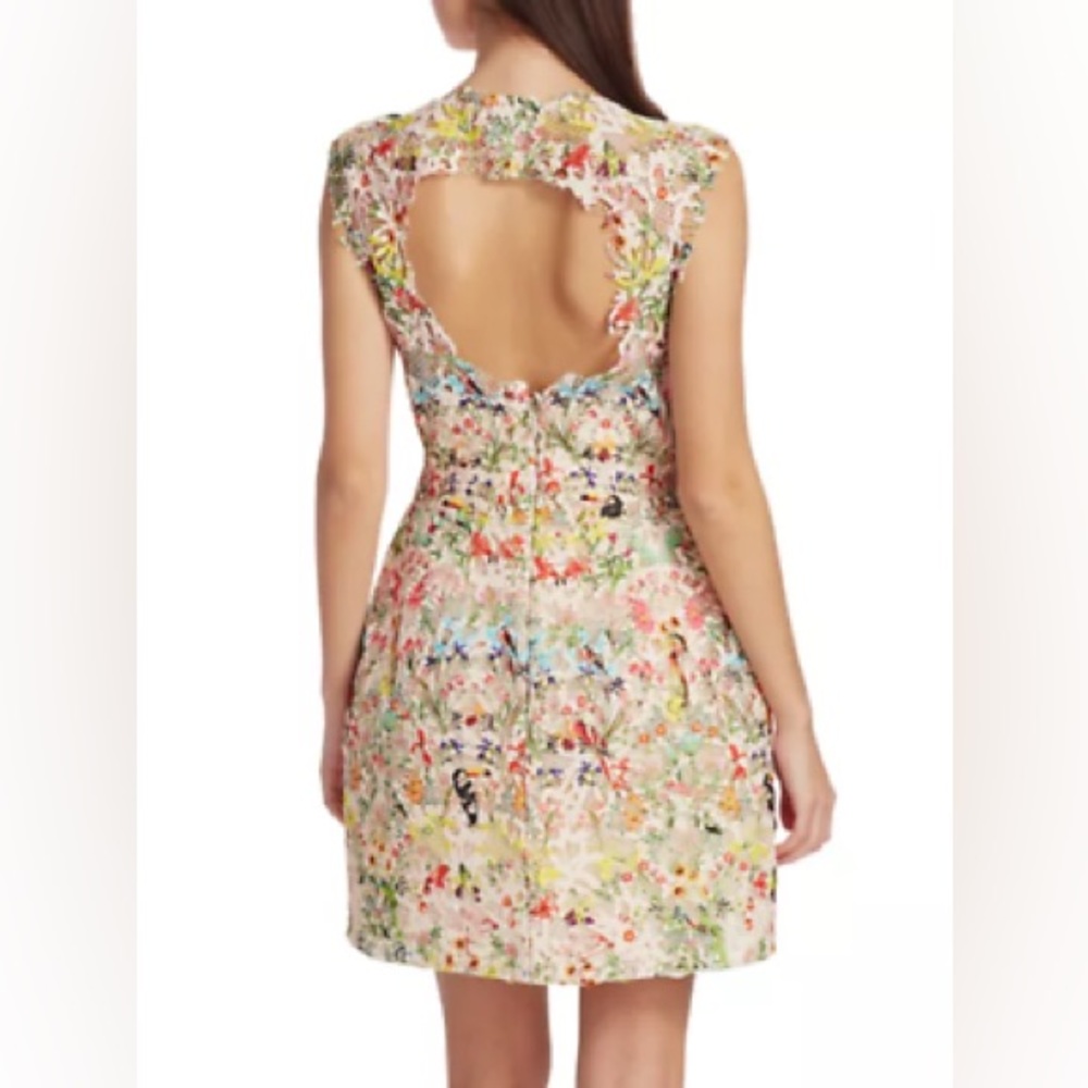 Monique Lhullier guipure lace flared floral mini dress